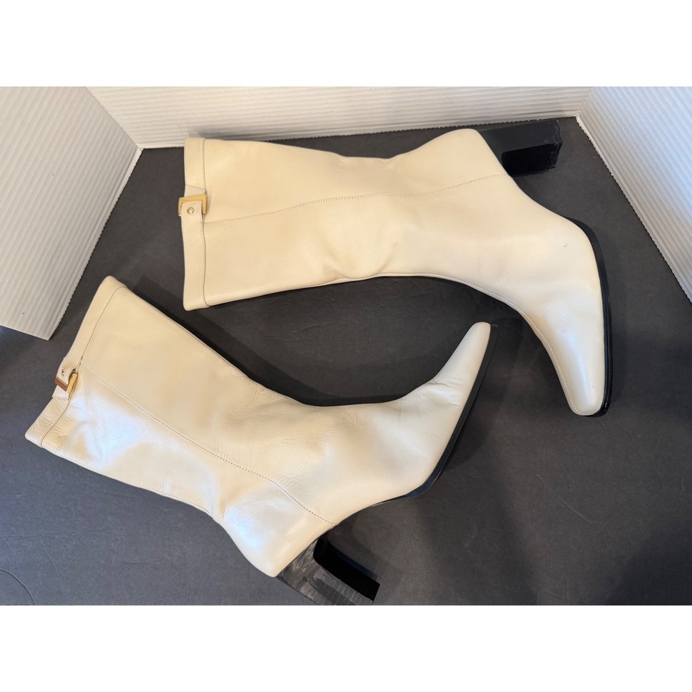 Karen Scott Retro Cream All Leather Mid-Calf Square Toe Block Heel Zip Boots 10 - Picture 6 of 13